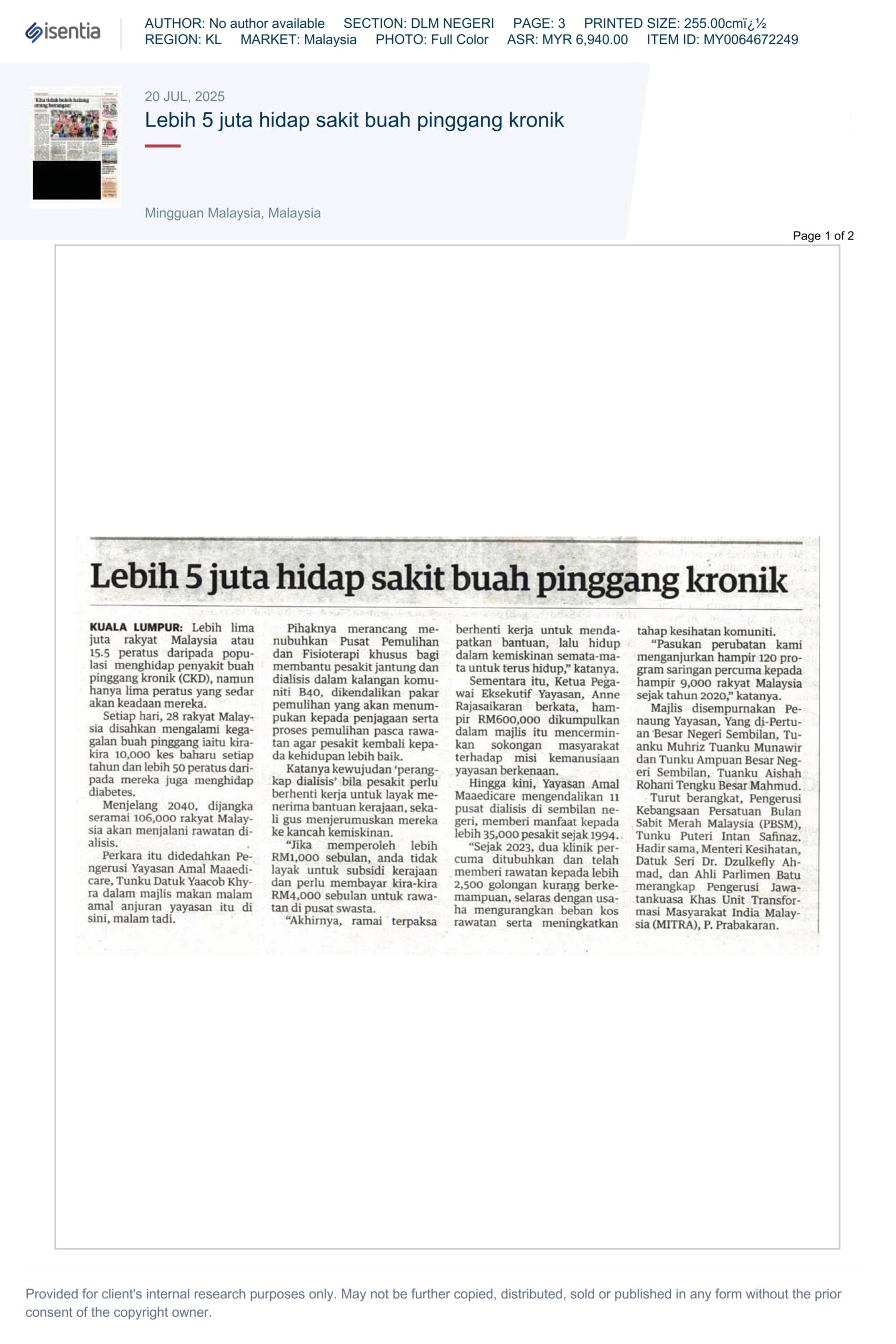 Mingguan Malaysia: Lebih 5 juta hidap sakit buah pinggang kronik [20th July 2025]
