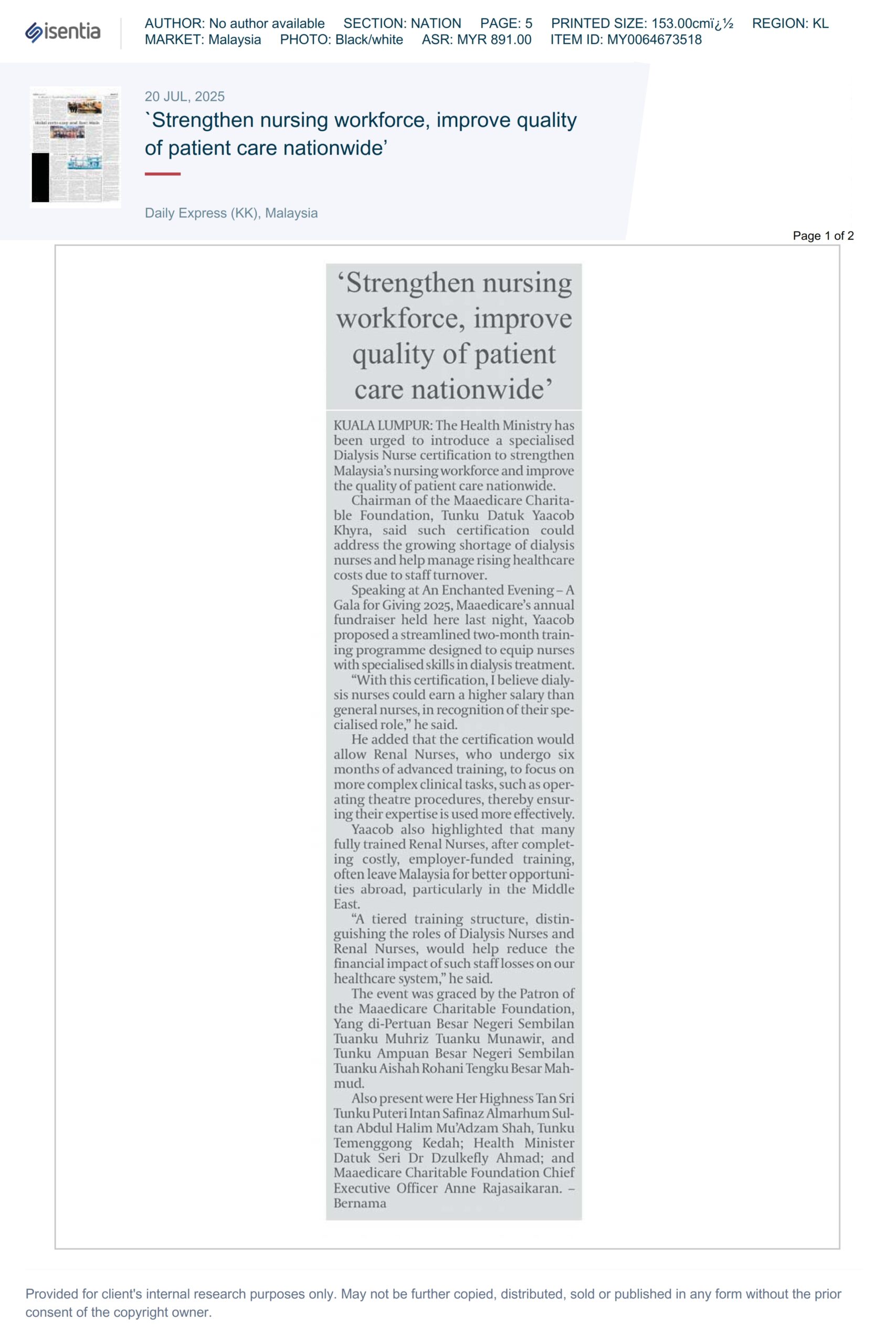 Daily Express (KK): Strengthen nursing workforce, improve quality of patient care nationwide [20th July 2025]